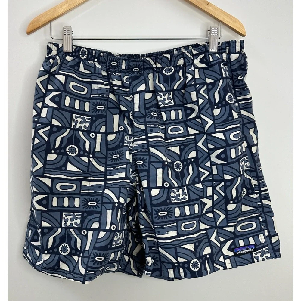 Patagonia Baggies Longs Men's Large New Visions Navy Print Shorts Drawstring - Picture 2 of 16